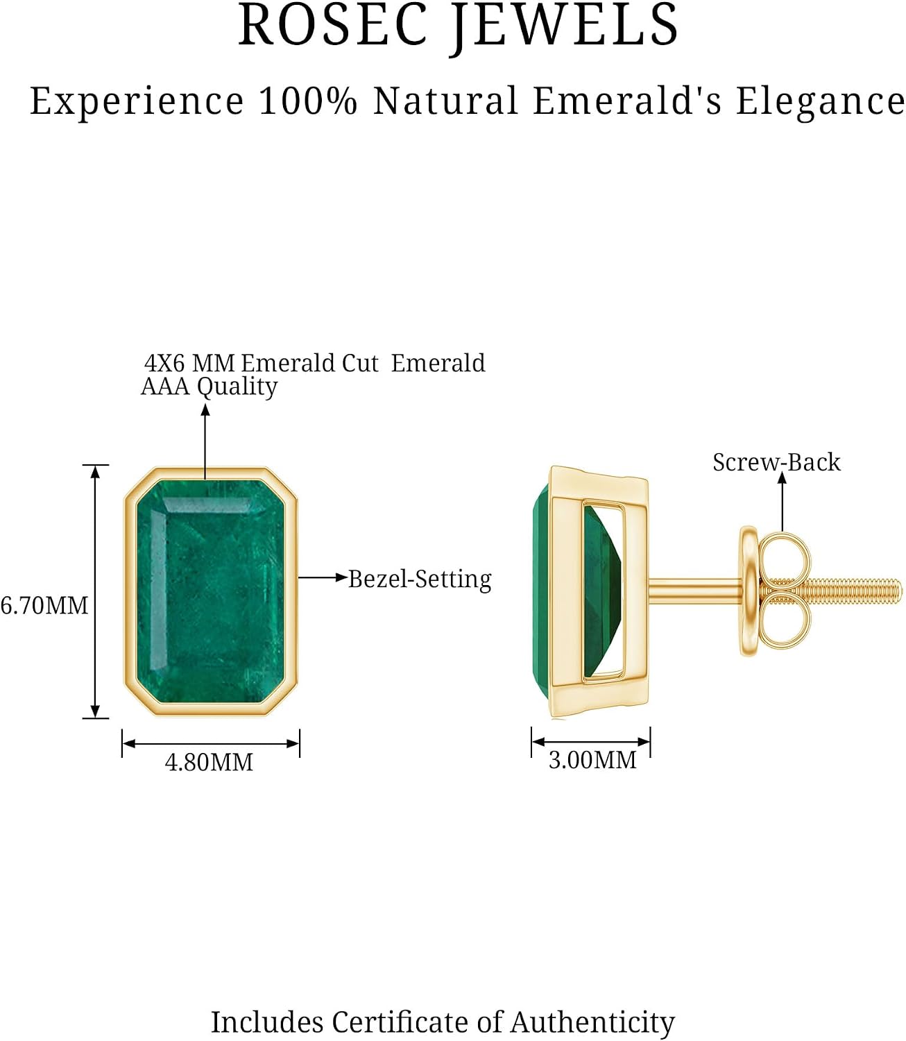 Natural 1.3 Carat Emerald Stud Earrings, Aaa Quality, Certified Bezel Set Emerald Cut Earrings - Mothers Day Gift