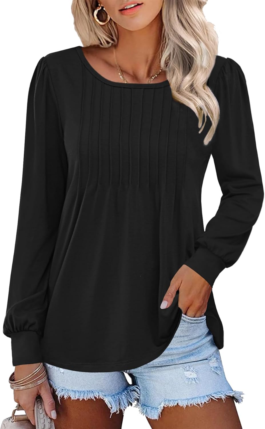 Heymiss Womens Long Sleeve Shirts Pleated Crew Neck Blouses Dressy Casual Loose Fall Tunic Tops