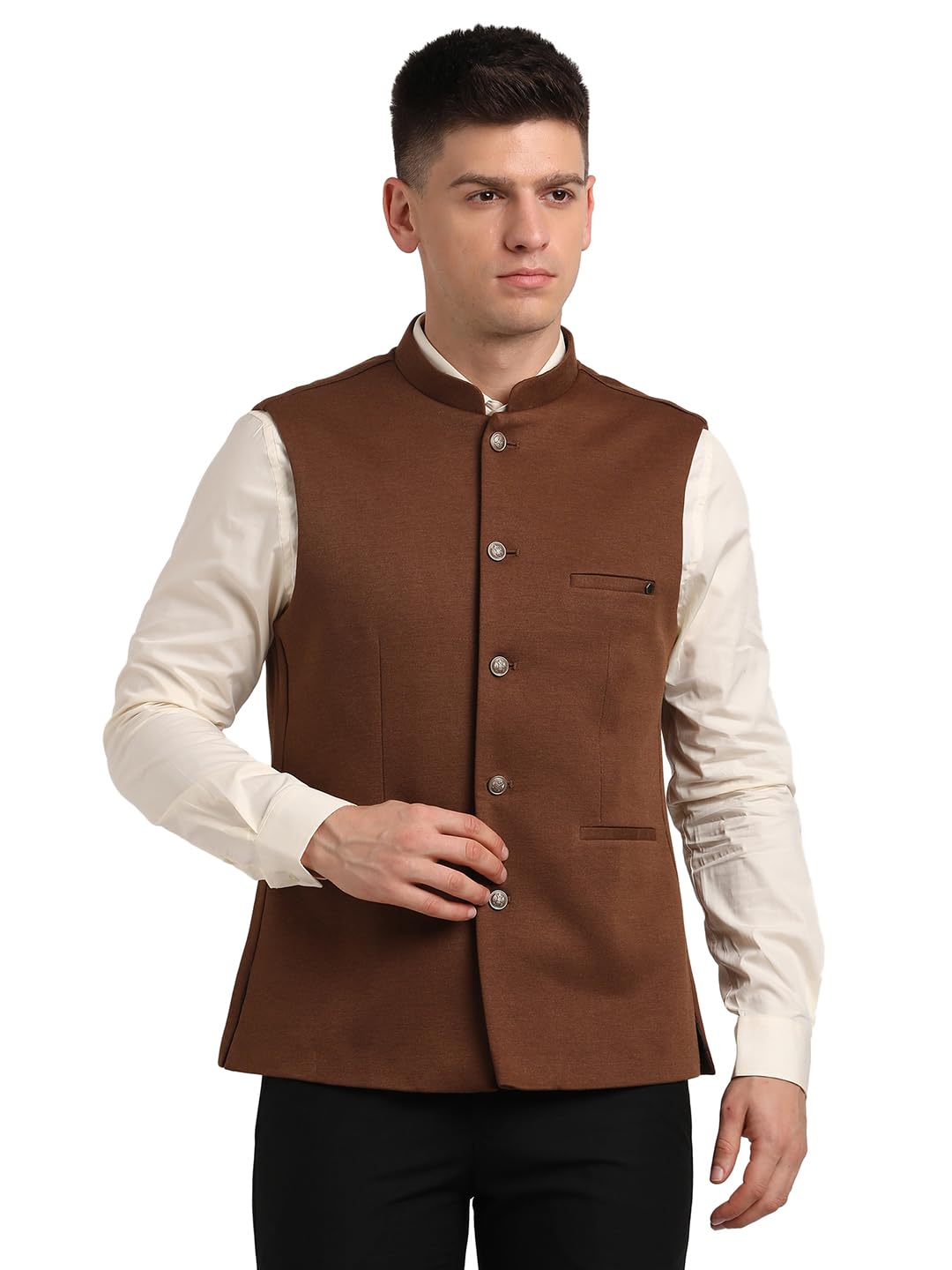 turtle Men Knitted Solid Brown Nehru Jacket-picture-38