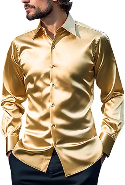 Chemise satin homme brillante sans plis à manches longues pour fête et smoking