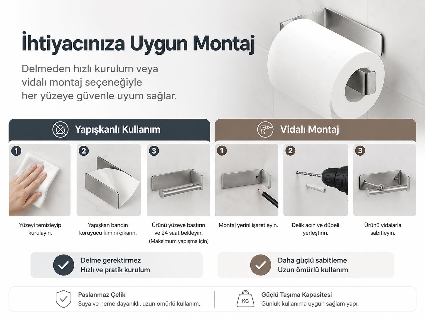 Alper Banyo Paslanmaz Çelik Lamalı Tuvalet Kağıtlığı, Krom Renk WC Kağıt Askılığı, Hem Yapışkanlı Hem Vidalı Montajlı, Açık Uç Tasarımlı Banyo Kağıtlık, 5 Yıl Garantili