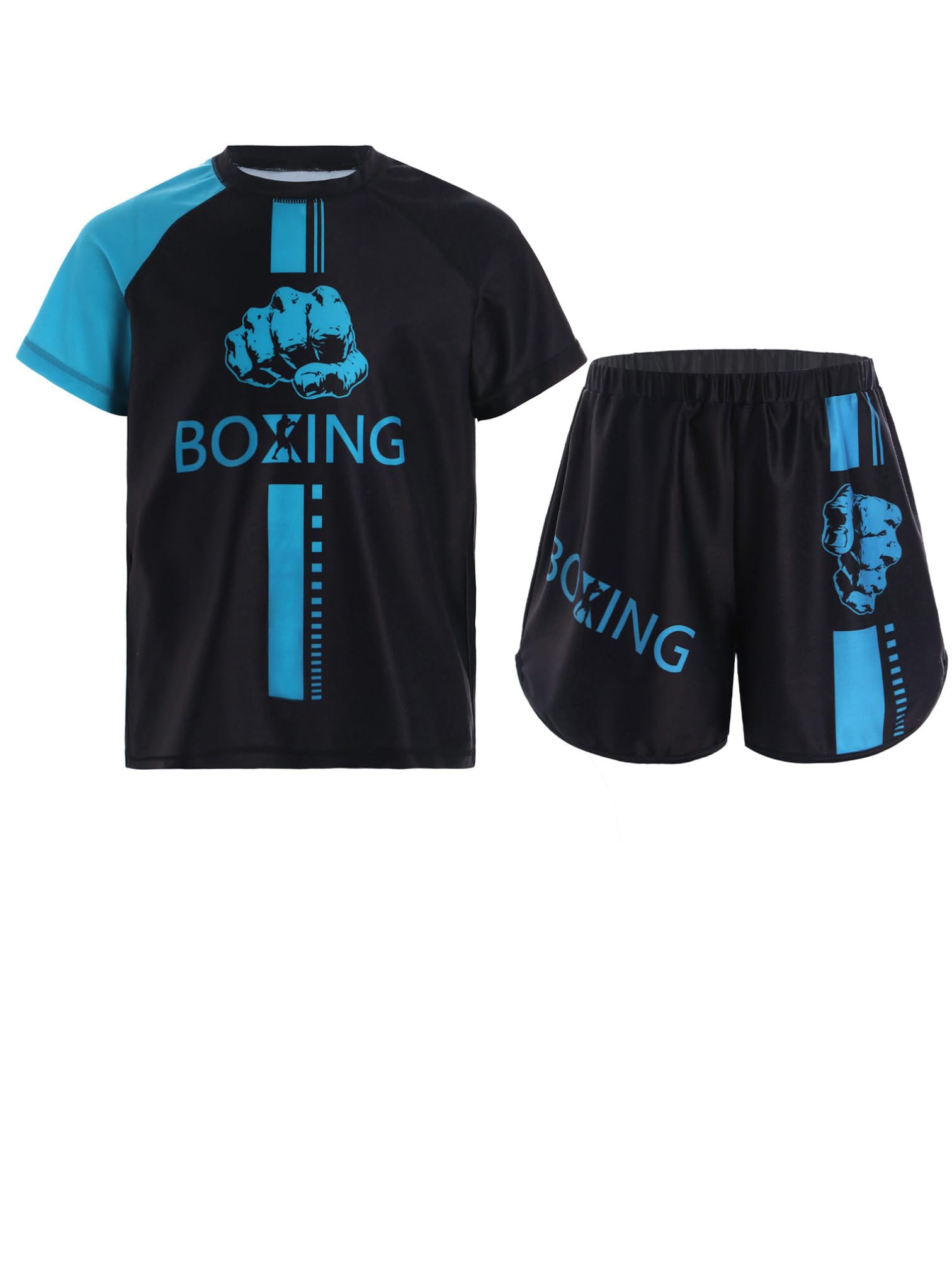 MSemis Kids Boys Boxing Outfits Active Boxing Jersey Sports Shirt with Muay Thai Boxer Shorts Tracksuit Set Light Blue 15-16 Years