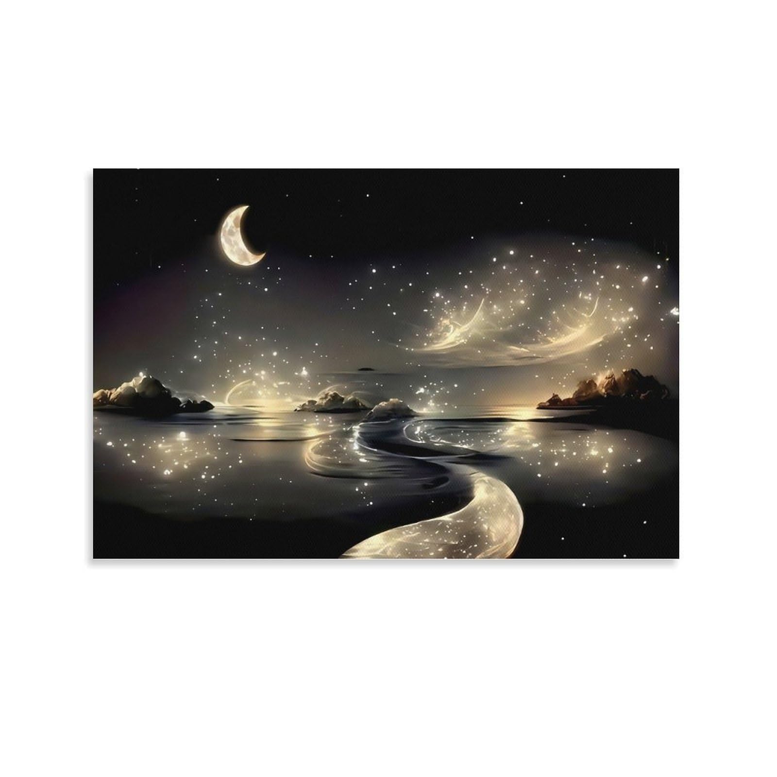 CPLVKWRQJ Starry Night Seascape Individual Crescent Moon Sparkling Coastal Star Scenery Canvas Print - Office Wall Art Fade Resistant Statement Piece Ready to Hang 20x30inch(50x75cm)