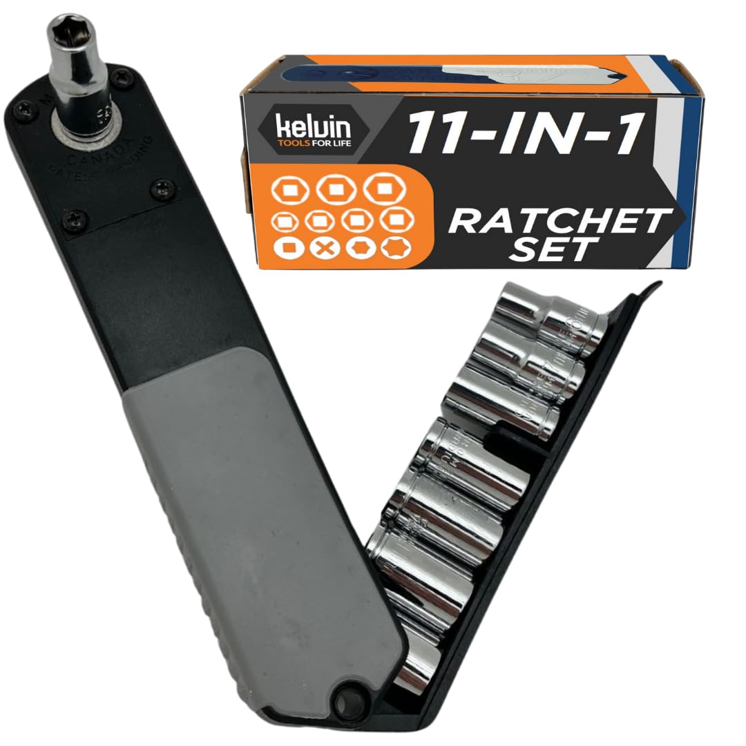 KELVIN Tools PakRatchet: Compact Right-Angled Ratchet Socket and Screwdriver Set, Mini Ratcheting Socket Set and Screwdriver