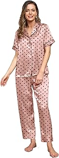 طقم بيجامة ساتان للنساء من لينكلير، مكون من 2 قطعة قميص نصف كم وبنطلون، مطبوع بنمط نقاط