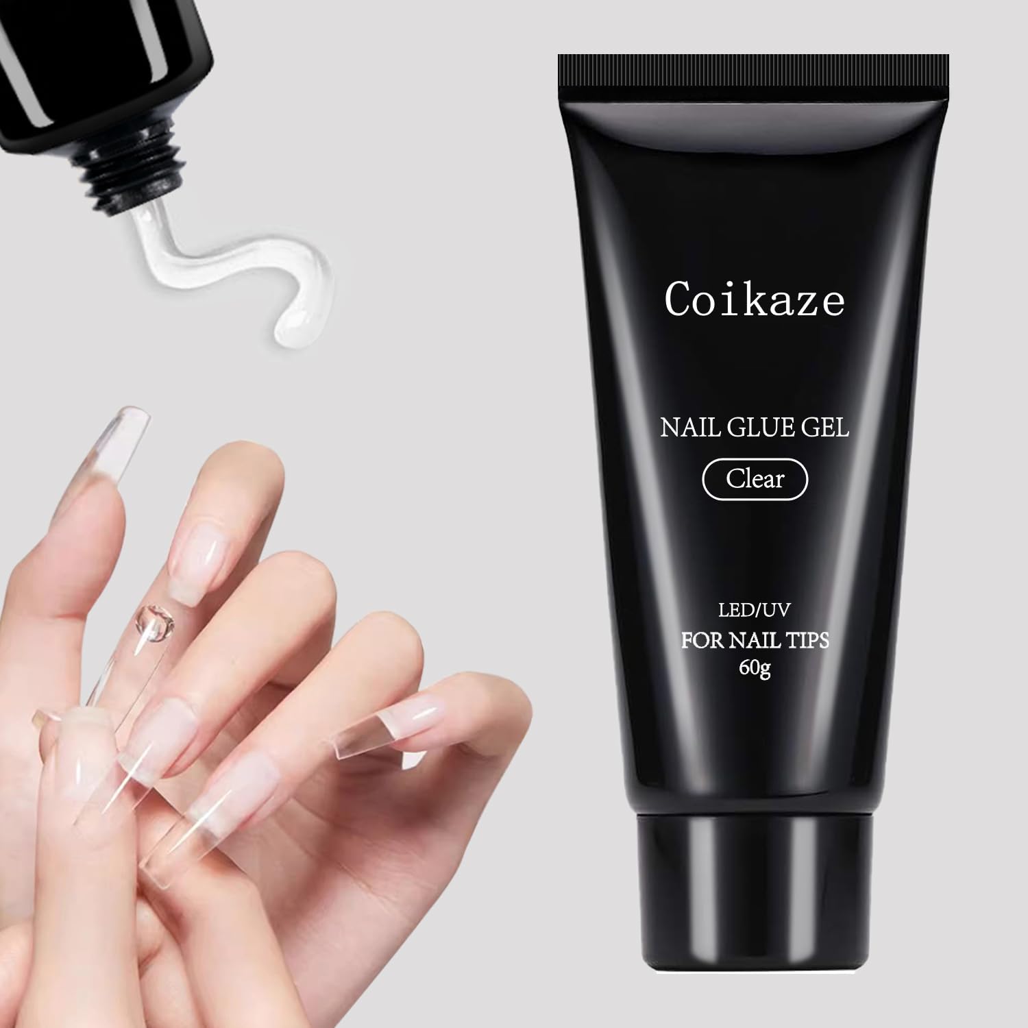 Coikaze ネイルチップ接着剤 超強力な接着力 大容量60g ネイルチップ専用 高密着ジェル つけ爪接着剤 手で押さえ不要 多機能 ネイル チップ固定 クリア ジェルネイル UV/LED対応（Tip Gel Clear）