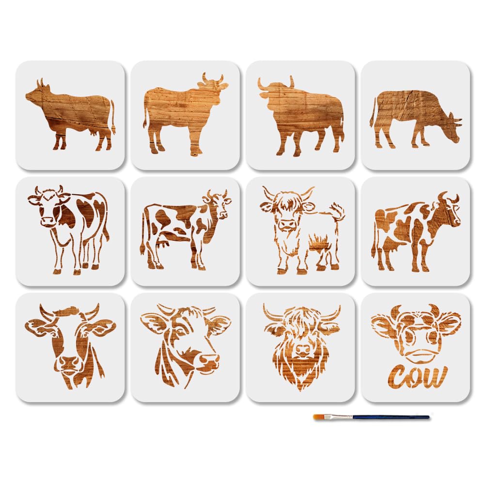MAYJOYDIY 12Pcs Cows Cattles Stencils Reusable Highland Cattles Stencil for Painting 5.9×5.9inch Farm Animals Art Craft Templates with Paint Brush for Window Wood Wall Home Gift Decoration