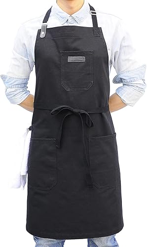 Delantal de cocina de algodón negro, para hombre y mujer, delantal de cocina profesional para chef, parrilla, barbacoa, con bolsillos, toalla y