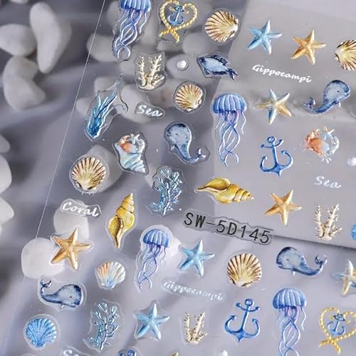Powpop 307 5D Embossed Ocean Life Nail Art Stickers Decals Self Adhesive Seashell Starfish Nail Decals Sea Creature Designs Summer Nail Stickers Marine Life Manicure Sliders thumb #4