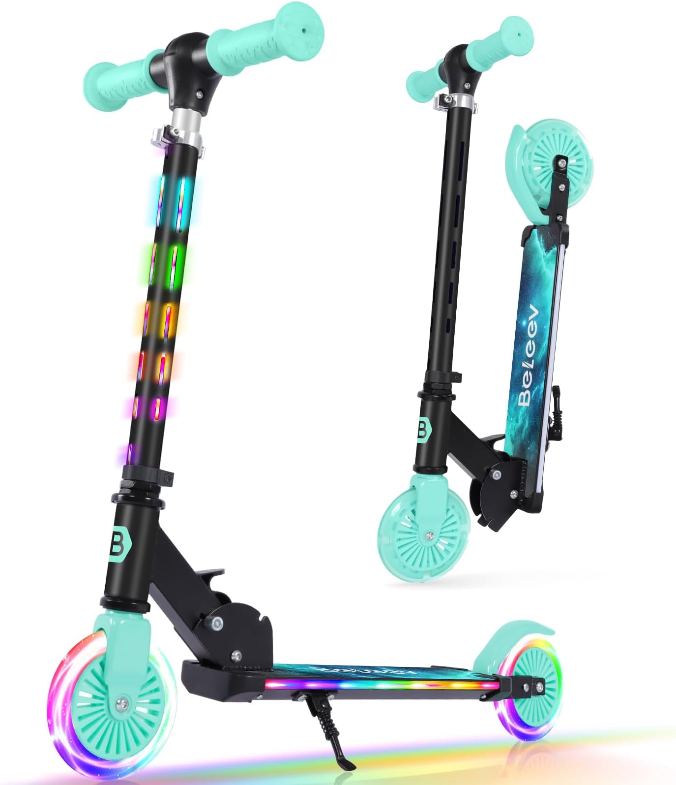 BELEEV V3 Scooter for Kids Ages 3-12, 2 Wheel Folding Scooters for Girl Boys with Light-Up Wheels & Stem & Deck, 4 Adjustable Height, Cartoon Pattern Deck, Lightweight Scooter with Kickstand