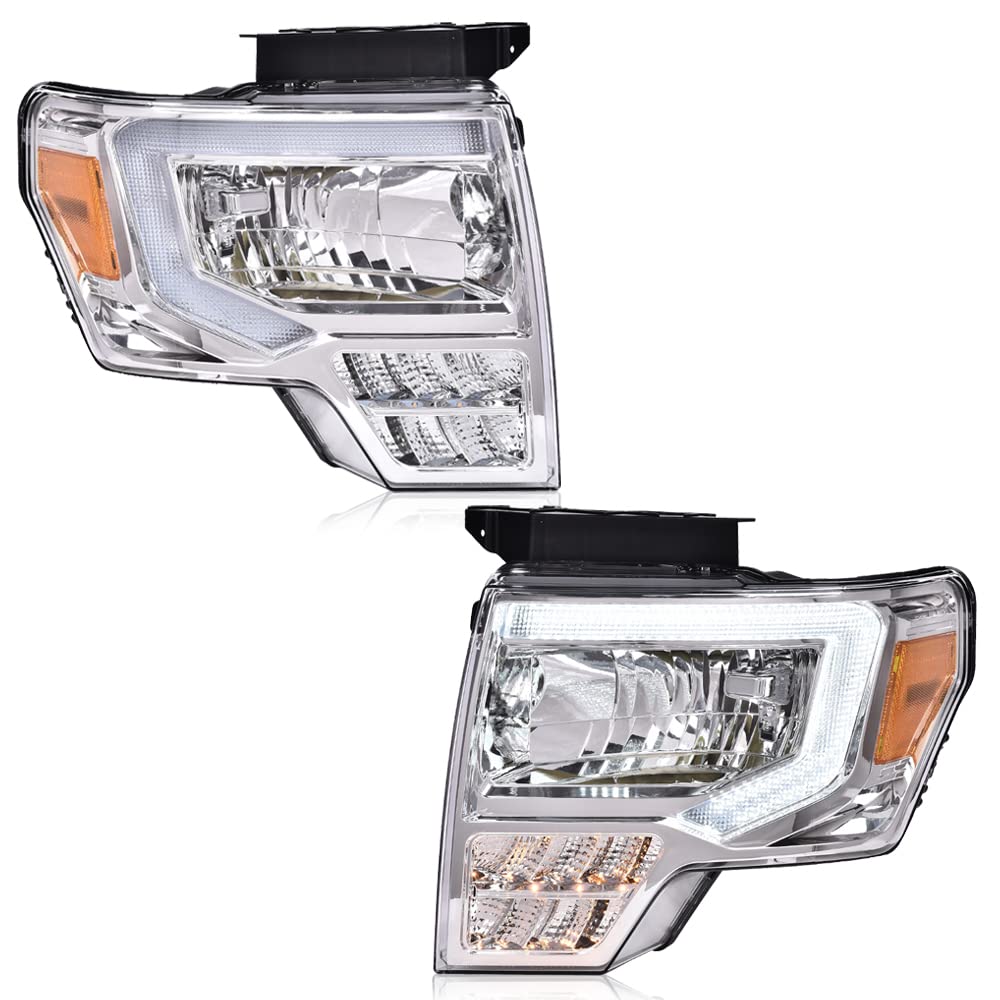 GRAND ORANGE LED DRL Headlight Assembly Compatible with Ford F150 2009-2014 Headlamps Driver &amp; Passenger Side Clear lens Chrome Housing Amber Reflector FO2503289 DL3Z13008EC