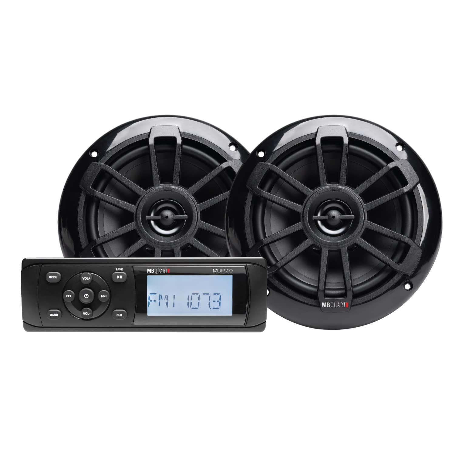 MB Quart Coaxial Speakers with Bluetooth Source Unit (Black) – 6.5 Inch, 160 Watt Each, Marine Grade Waterproof, LCD Display, Set of 2 Speakers for Marine, RV
