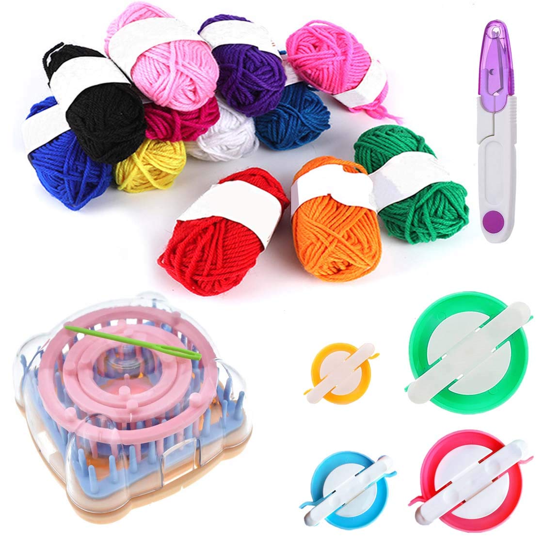Weaving Loom Kit, 8pcs Flower Maker Wool Knitting Ball Maker Weaving Tools Knitting Craft Weaver Loom - with Needle (Flower Maker + Pom Maker + Yarn + Scissors)