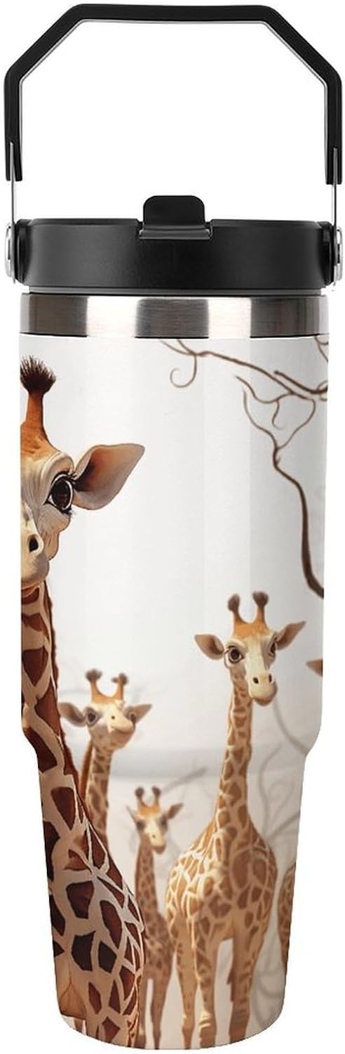 Cute Cartoon Funny Giraffes Water Bottle 30 Oz Fits Car Cup Holder,Insulated Coffee Mug Large Capacity Car Cups,Stainless Steel Double Wall Sport Bottle for Travel Sports Gym