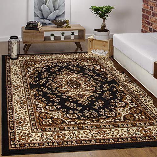 Antep Rugs Kashan King Collection Himalayas Oriental Polypropylene Indoor Area Rug (Black and Beige, 5′ x 7′)
