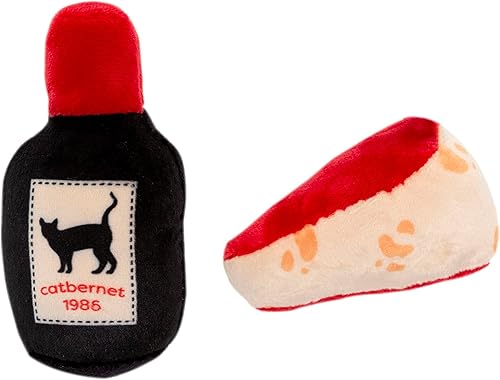 Miniatura 1 de Pearhead Juego de 2 juguetes para gatos de peluche con queso y vino para mascotas