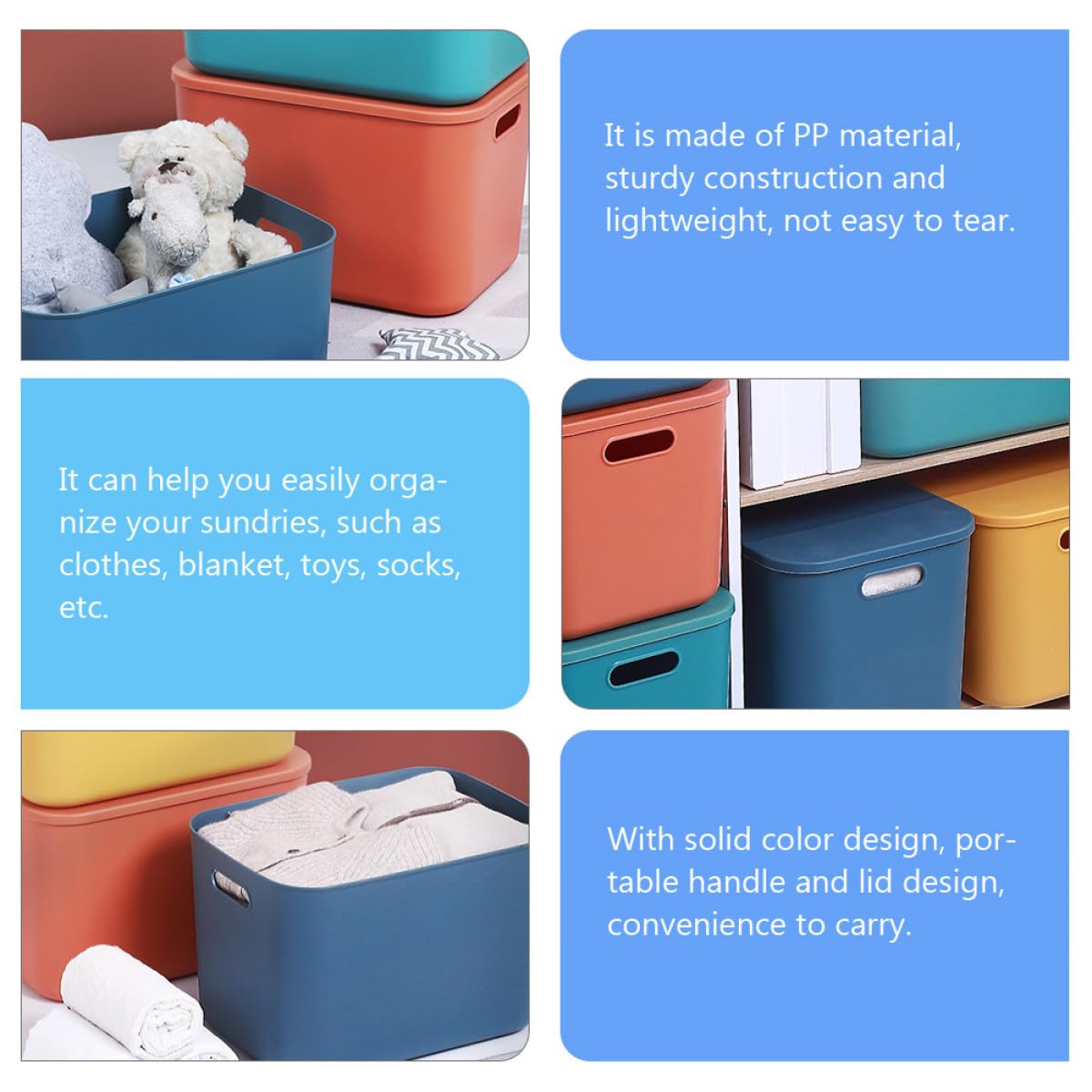 Contenitore Impilabile in Plastica con Coperchio e Maniglie Scatola Portaoggetti in PP per Abbigliamento e Giocattoli Organizer Casa Multiuso per Cameretta e Armadio Blu