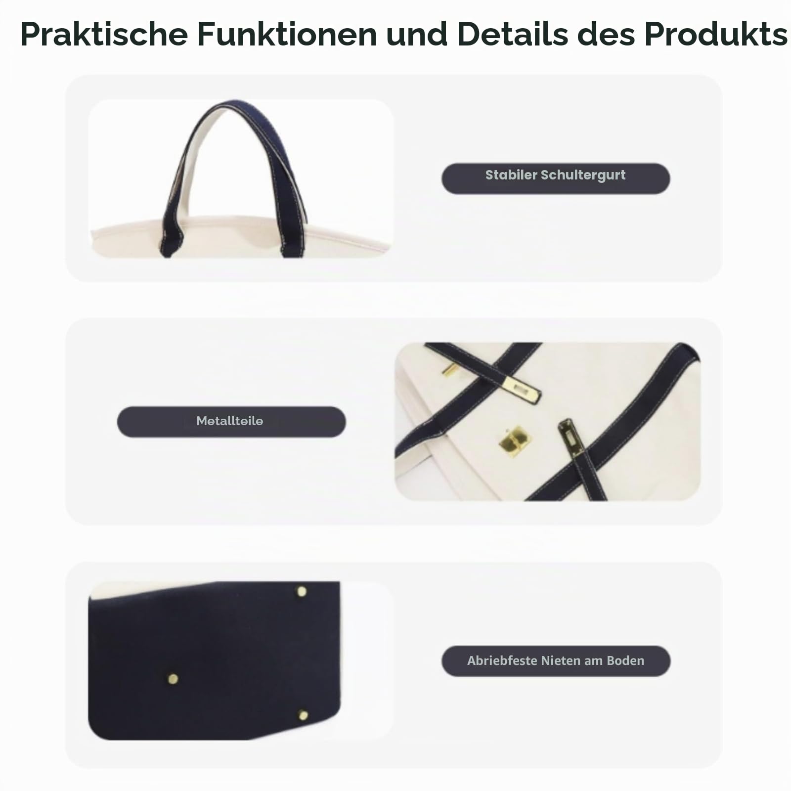 Canvas Shopper Tasche Damen - Großformatige 40x29cm Handtasche Mit Gold Hardware & Anti-Rost Nieten, Elegante Tote Bag Für Arbeit, Uni & Reisen