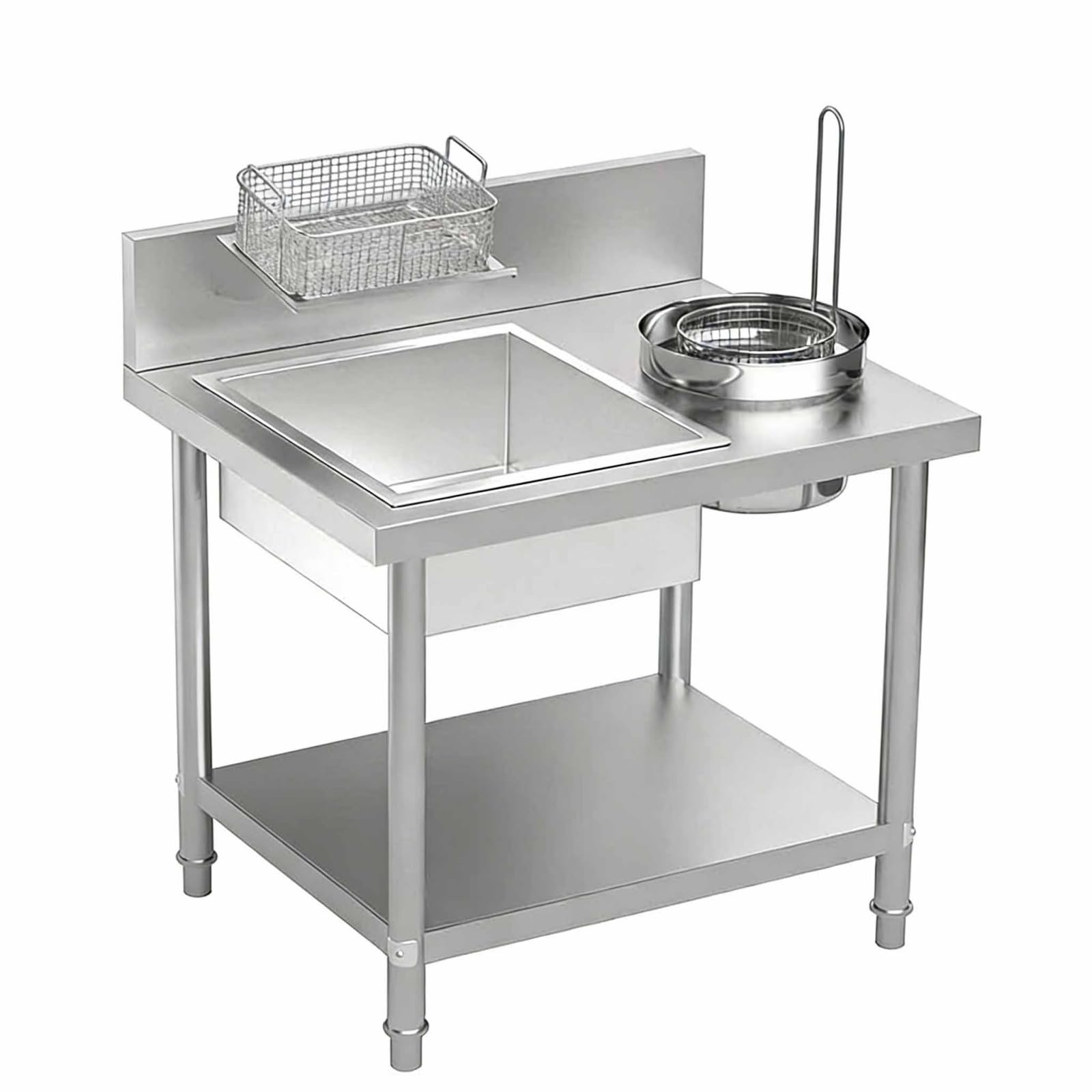 Tabella fritta commerciale della preparazione dell'alimento, piano di lavoro dell'impanatura dell'acciaio inossidabile con il grande bacino quadrato, bacino rotondo, canestro quadrato per i ristoranti