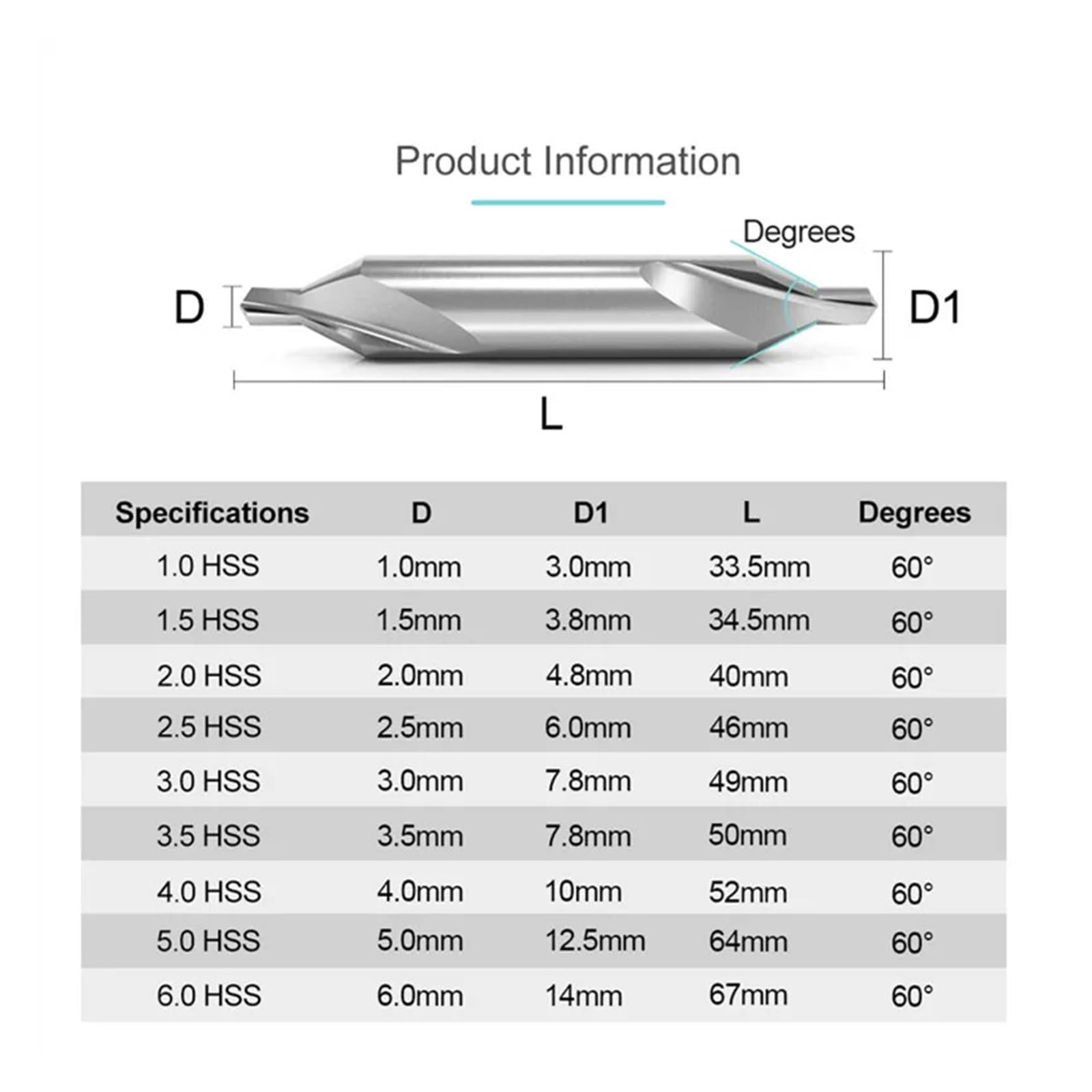 Centro Brocas HSS 10 Uds A1mm-A6.3mm/172/60 ° HSS perforación central centro de procesamiento de metal perforación chaflán posicionamiento CNC torno mecánico(A6.3mm)