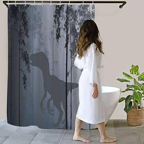 Miniatura 9 de YLYYNT2694 - Cortina de ducha con diseño de animales, diseño de dinosaurio, silueta de dinosaurio, juego de baño con ganchos, cortinas decorativas