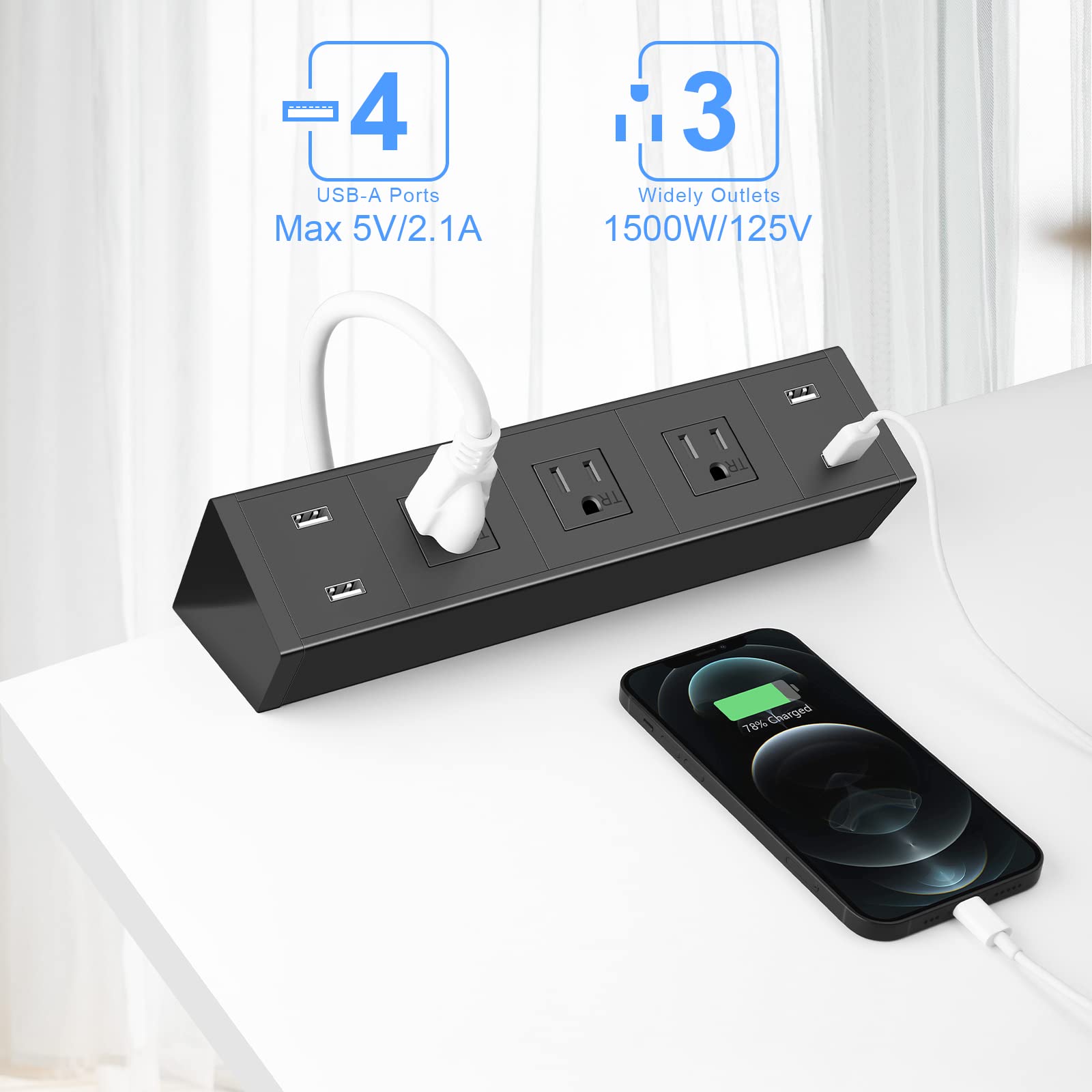ANNQUAN Desktop Metal Clamp Power Strip with 4 USB Ports,Desk Mount ,800J Surge Protector,Edge Mount Desk Power Station, 6ft Extension Cord,Clamp on Power Hub