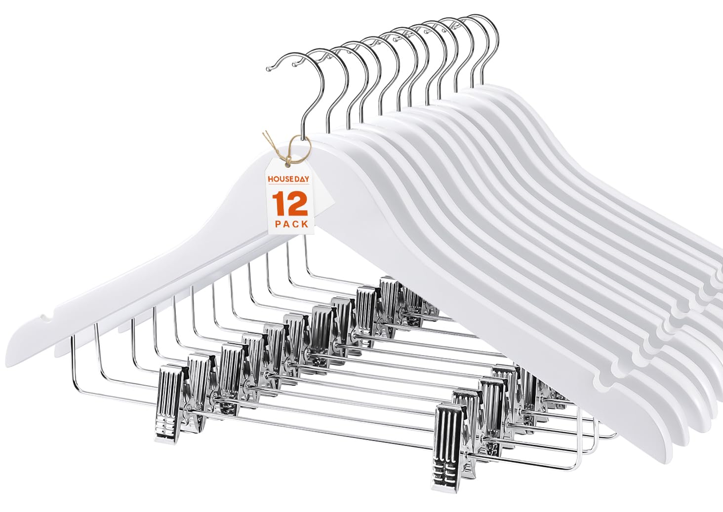HOUSE DAY Perchas de madera, paquete de 12 perchas con clips, perchas de madera, perchas de madera, acabado suave, perchas de madera de primera calidad para ropa de traje, color blanco