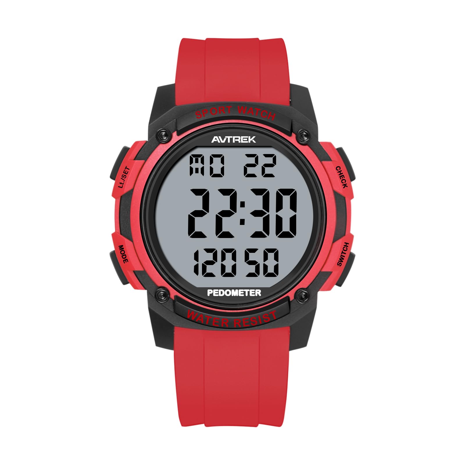 AVTREK Waterproof Pedometer Watch Step Counter for Walking No APP/Bluetooth Required Sport Fitness Tracker with LCD Large Numbers Miles Calories(Red)