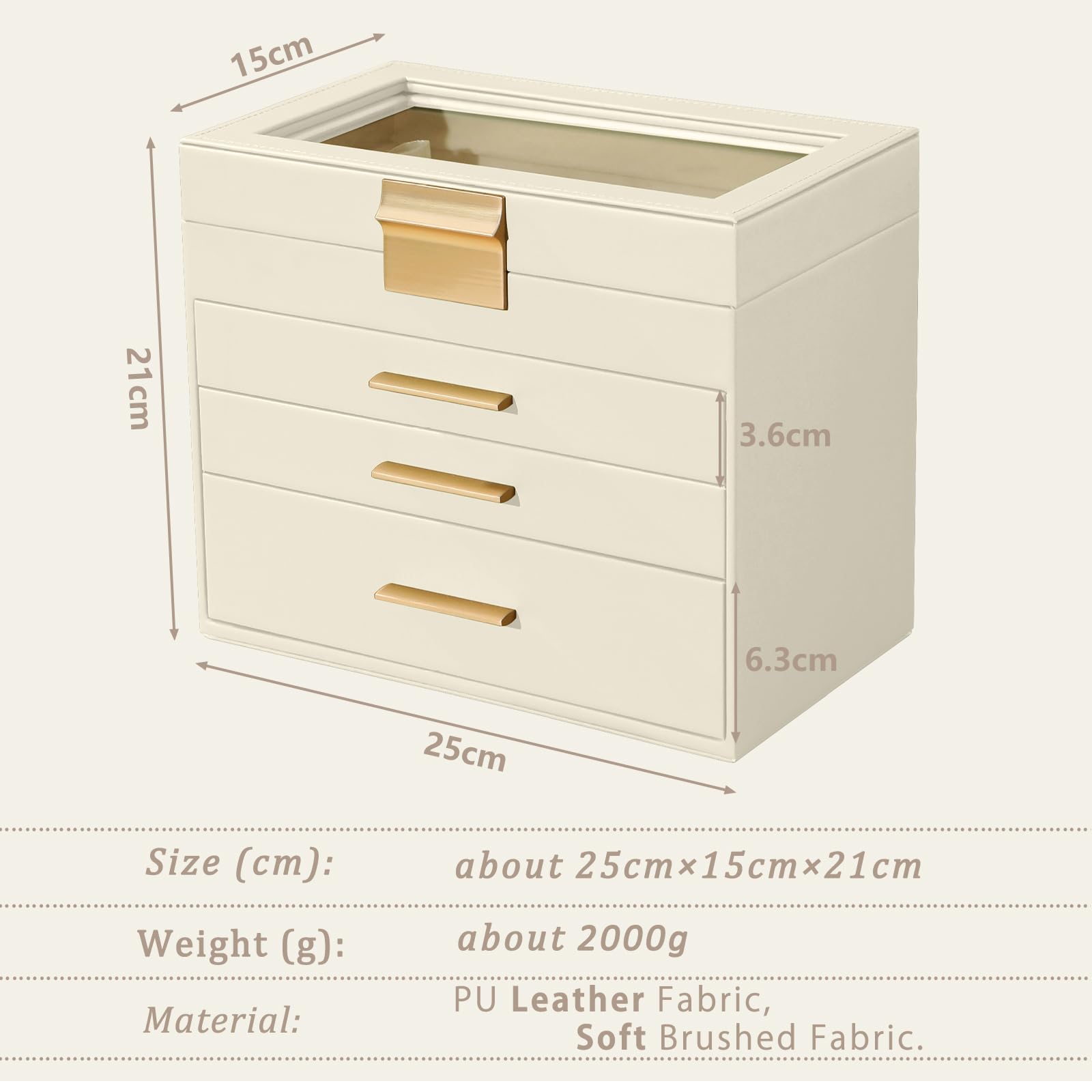 Boîte à Bijoux, [4 Niveaux] Femme Boite à Bijoux avec 3 Tiroirs, pour Couvercle Transparent, Grande Boîte à Bijoux en Cuir pour Colliers, Bracelets, Idée Cadeau, Style Moderne (Blanc)