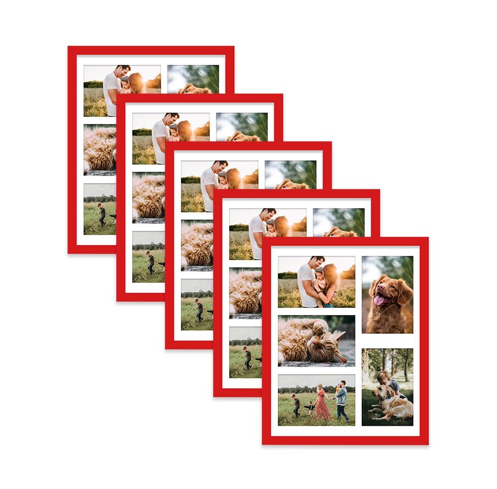 Red Multi Photo Frame - Holds 5 x 6x4 Pictures, Family Collage Picture Frame for Wall Display, 14x11 Frame size, Set of 5