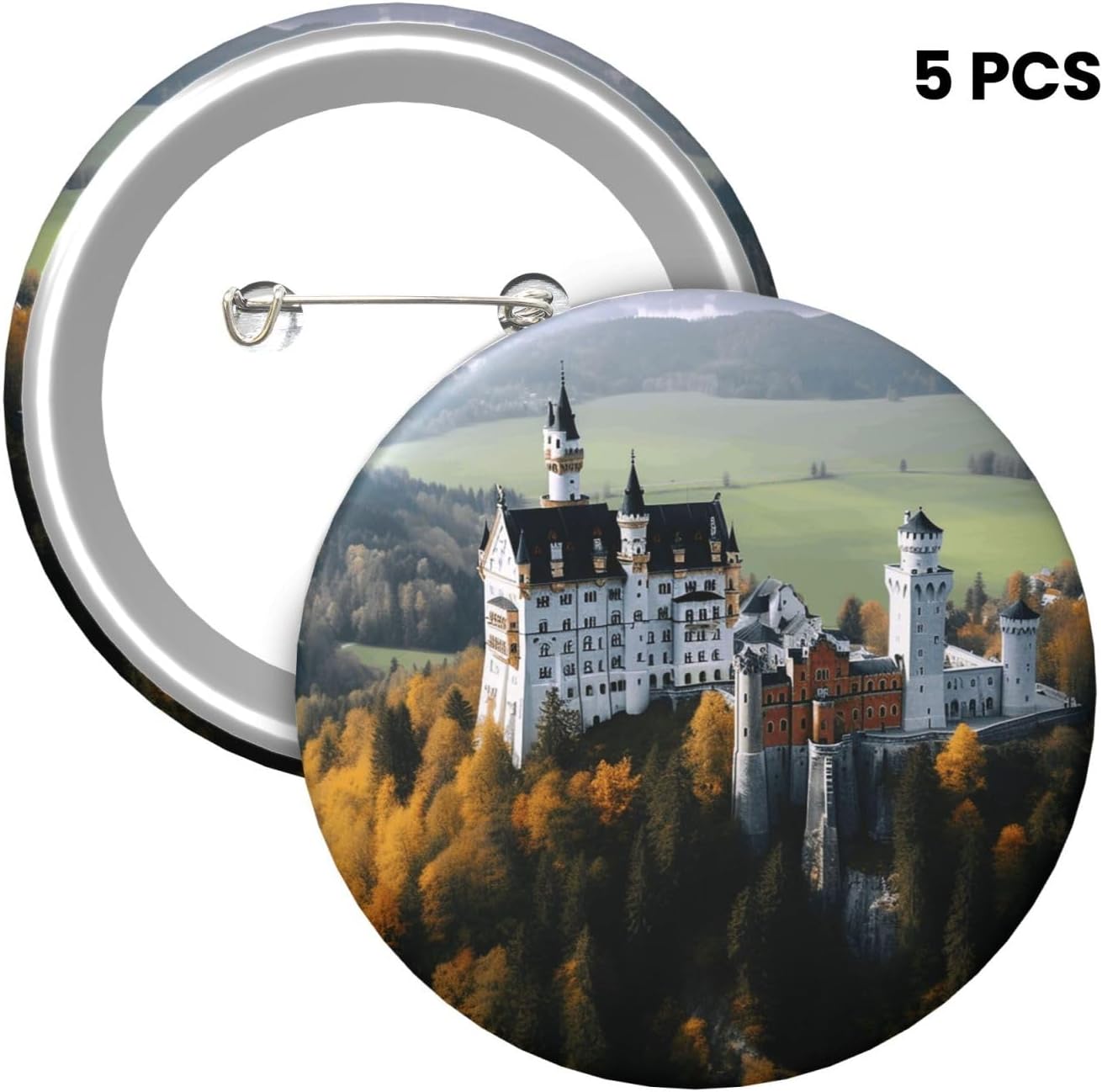 Germany Neuschwanstein Castle Custom Pins 5 PCS, Personalized Photo Buttons, Metal Pinback Button Badges for Backpacks, Hats, Funny Backpack Pins Aesthetic Lapel Badge Pins Gifts for Men Women image 2