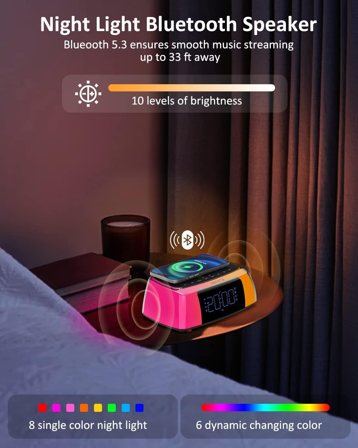 Réveil Numérique Haut-parleur Bluetooth 5.0 - Chargeur Sans Fil, Radio FM, Veilleuse - Affichage LED Réglable - Batterie 2500mAh