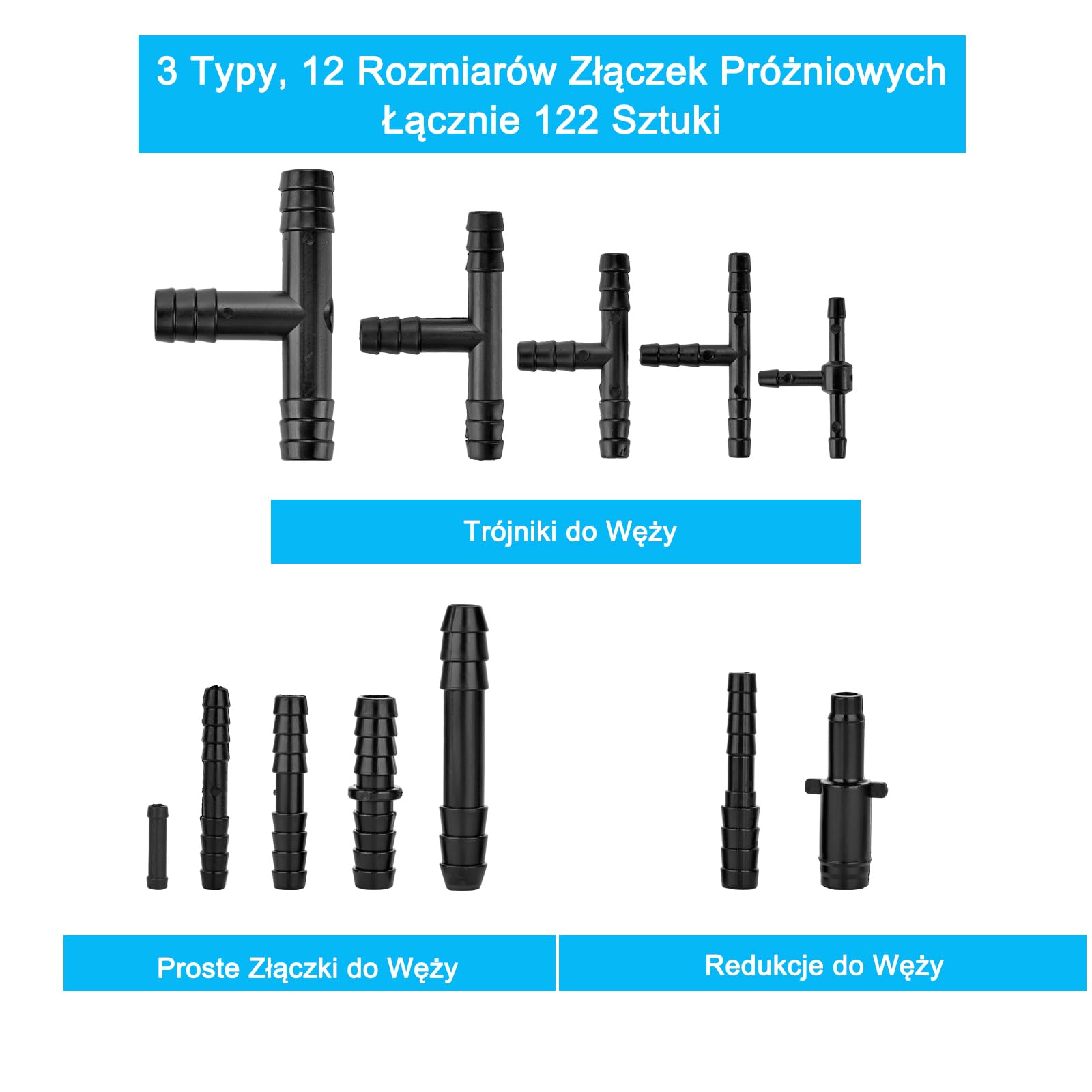 Zestaw 122 szt. kolczastych samochodowych złączy próżniowych, 12 rozmiarów, w tym nylonowa koszulka i złącza redukcyjne do wymiany węża próżniowego, czarne