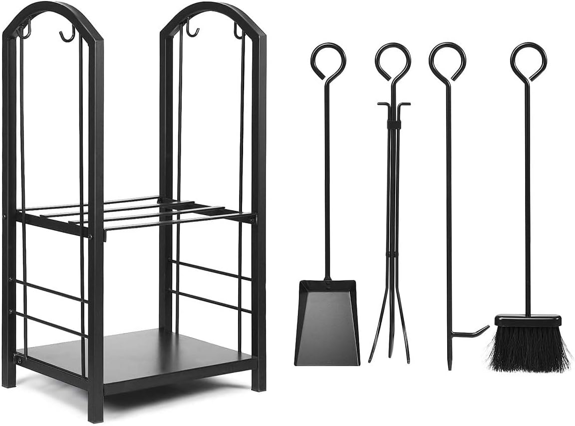Hysache Firewood Rack with 4 Fireplace Tools, Firewood Log Holder Lumber Storage Stacker Fireplace Wrought Iron Logs Bin Holder for Fireplace Tool, Fireplace Accessories Set Indoor/Outdoor (Black)