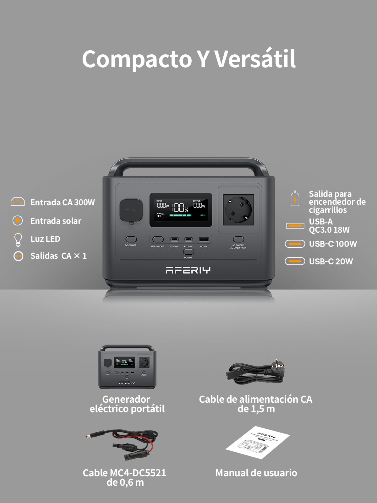 AFERIY 400W Estación de Energía Portátil, Generador Solar de 256Wh, （Envío en 2 días）Batería LiFePO4 de Carga Rápida con salida de CA de 220-240 V, puertos USB, SAI para Camping, Viajes
