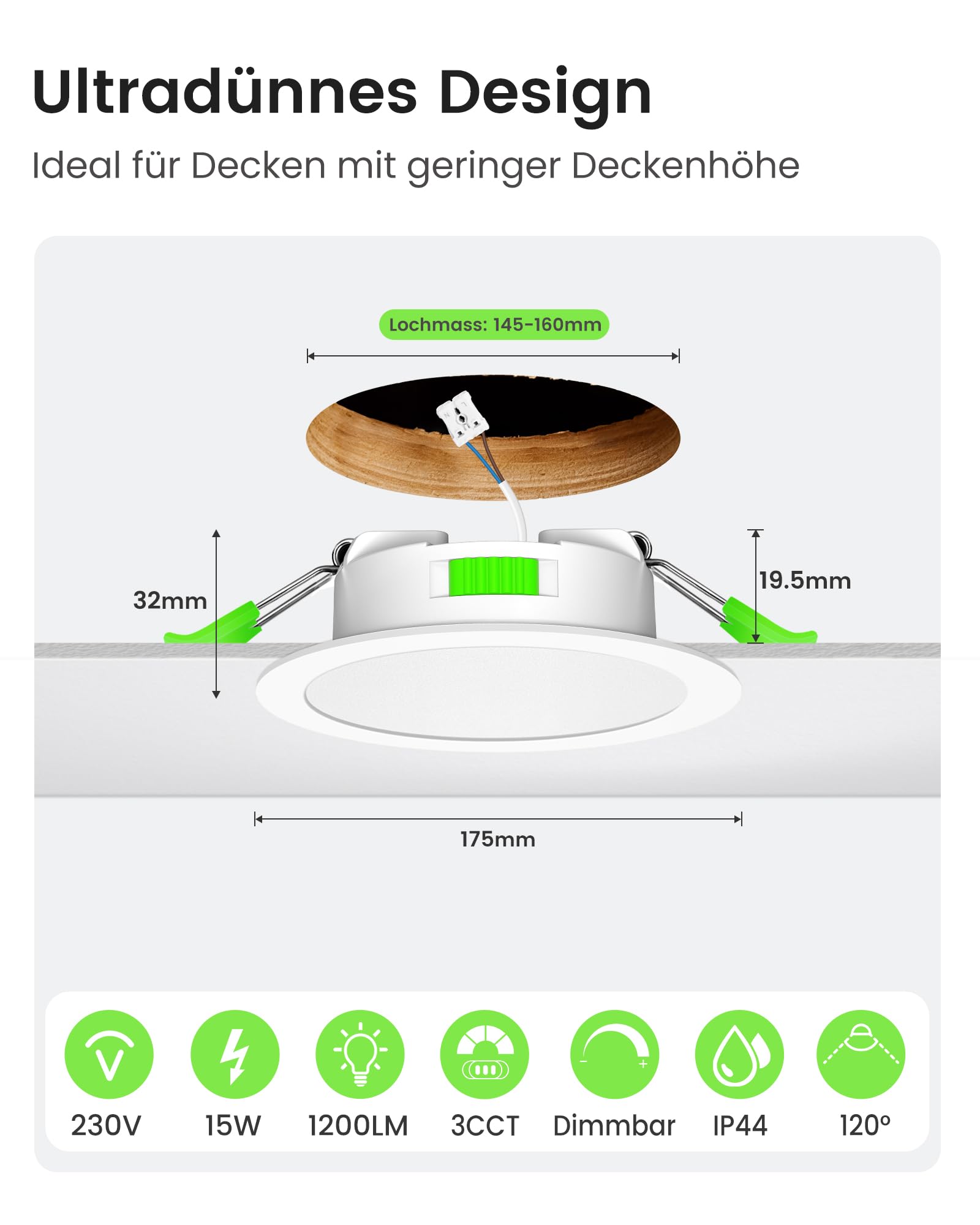 ALUSSO LED Einbaustrahler Dimmbar 15W 230V Slim Flach Deckenleuchte, 1200 Lumen Warmweiß Neutralweiß Kaltweiß Einbauleuchten 32mm Einbautiefe, IP44 Deckenspots für Badezimmer, 6er Set