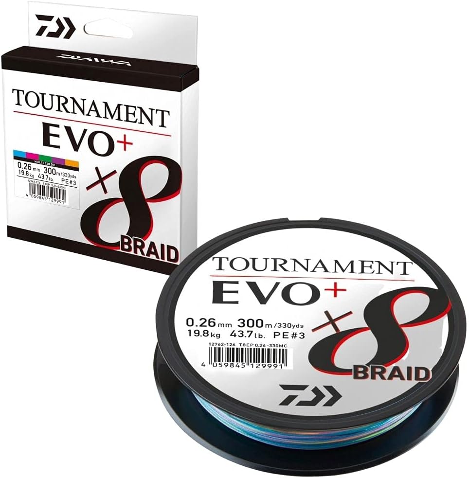 Daiwa Tournament X8 Braid EVO+ 0.26mm, 19.8kg/43.7lbs, 300m, Multicolour, Braided Fishing Line, 12762-126