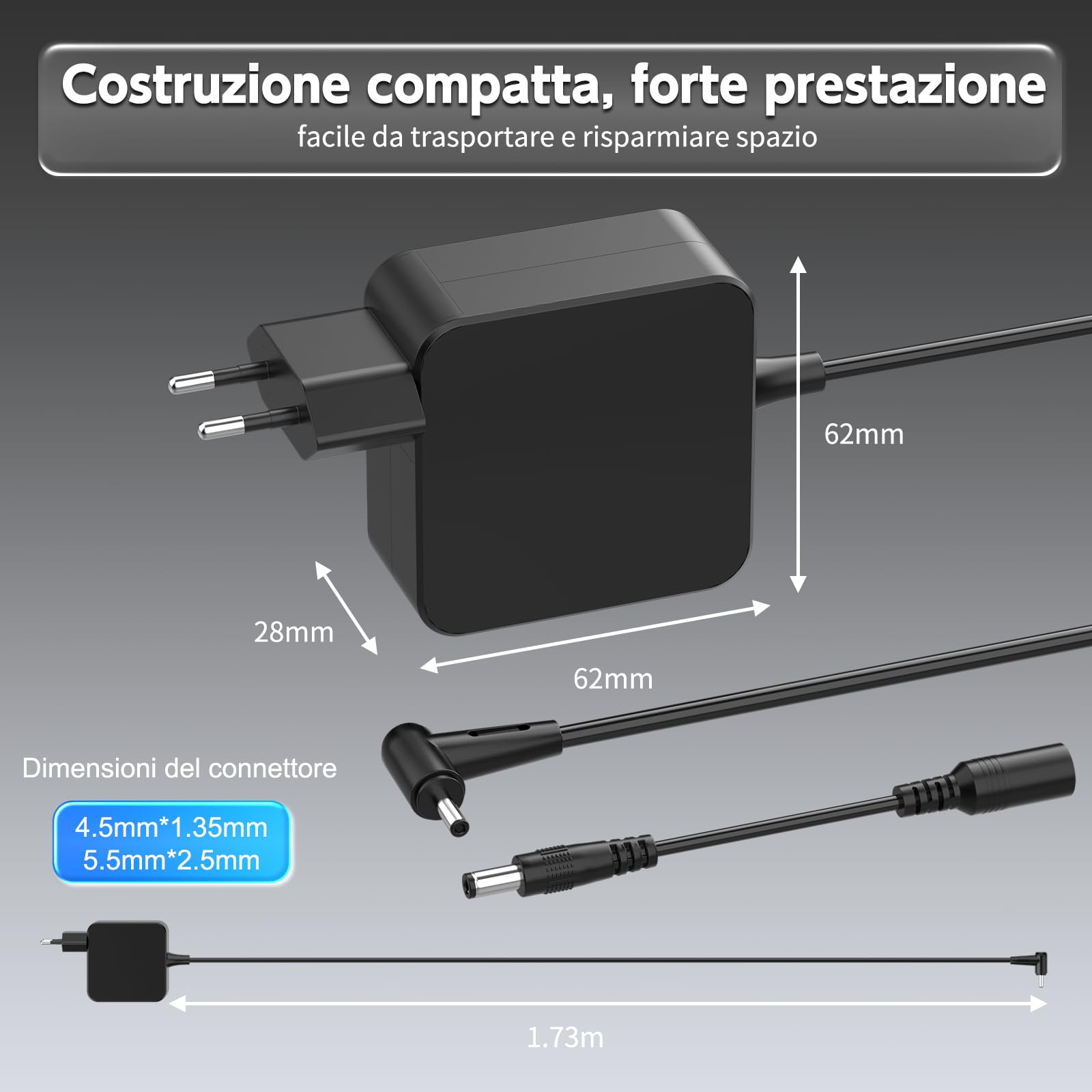 BIUBOTY Caricatore 45W Portatile 19V 2.37A Compatible con Asus Vivobook 14 15 Zenbook UX330 UX330U UX360 UX360C UX305 Q504U Q504UA Q302 Q302L Q302LA Notebook Alimentatore Caricabatteria 4.0 x 1.35mm