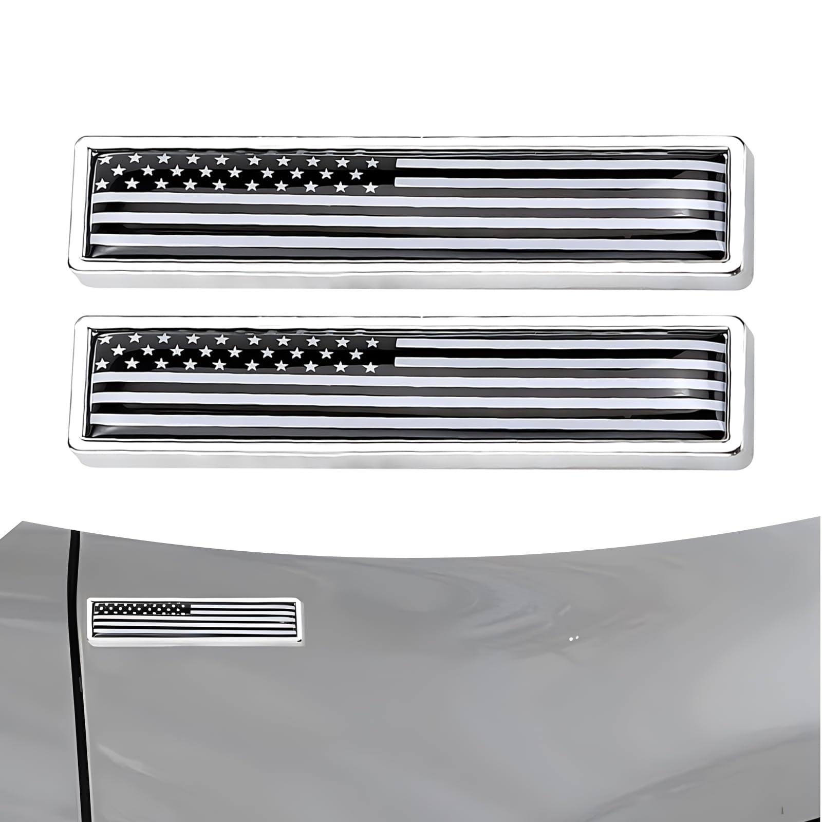 2 PCS American Flag Car Decal, 2.28" x 0.55" Metal Decal Badge, Patriotic Stars Stripe Bumper Window Fender Accessories, Universal for Most Cars Trucks SUV (Black)