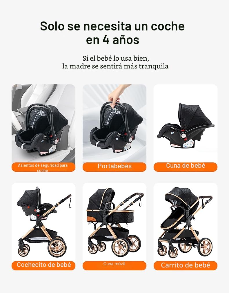 YAZOCO carrito bebe 3 en 1 Cochecito de Bebé Combinado Compacto Todoterreno Lujoso Paisaje Alto Cuatro Veces 0-36 Kg Sillas de paseo BastóN Plegable Accesorios CóModos (5 Negro)