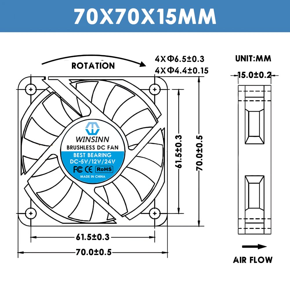 WINSINN Ventole DC 7025 12V Con Doppio Cuscinetto A Sfera | 70x25mm Per Stampanti 3D E PC | Confezione Da 2 Pezzi - Foto 8