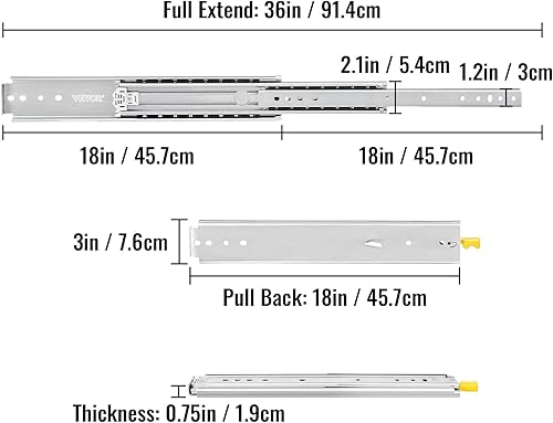 Miniatura 6 de VEVOR Diapositivas de Cajón de 18 Pulgadas, 1 Par de Diapositivas de Cajón con Bloqueo de 500 Libras de Capacidad de Carga, Montaje Lateral