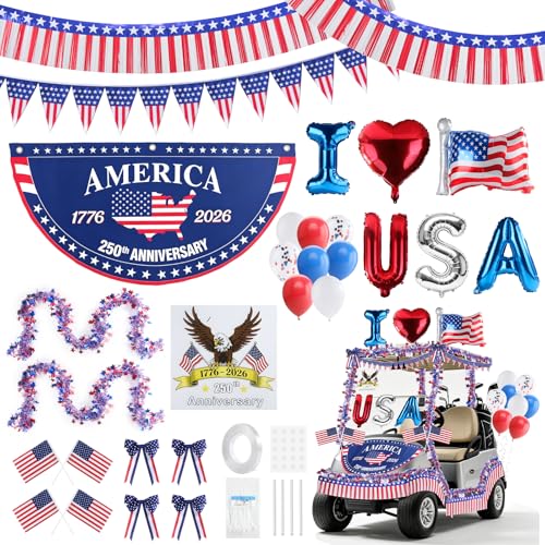GKLTVB 4th of July Golf Cart Decorations Kit 250th Patriotic Parade Golf Cart Decor with USA Foil Balloons Pennant Flags 1776-2026 Fan Flag & Eagle Sticker for Independence Day & Memorial Day