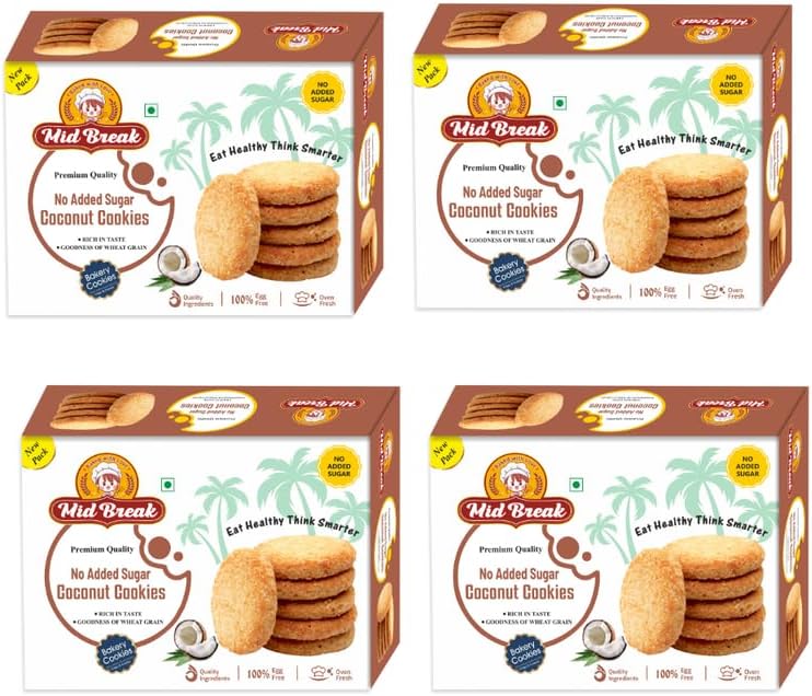 Midbreak Sugar-Free Coconut Biscuits - High Fiber Gut-Friendly Low Glycemic Index Cookies Tasty Healthy Snacks Pack Of 4