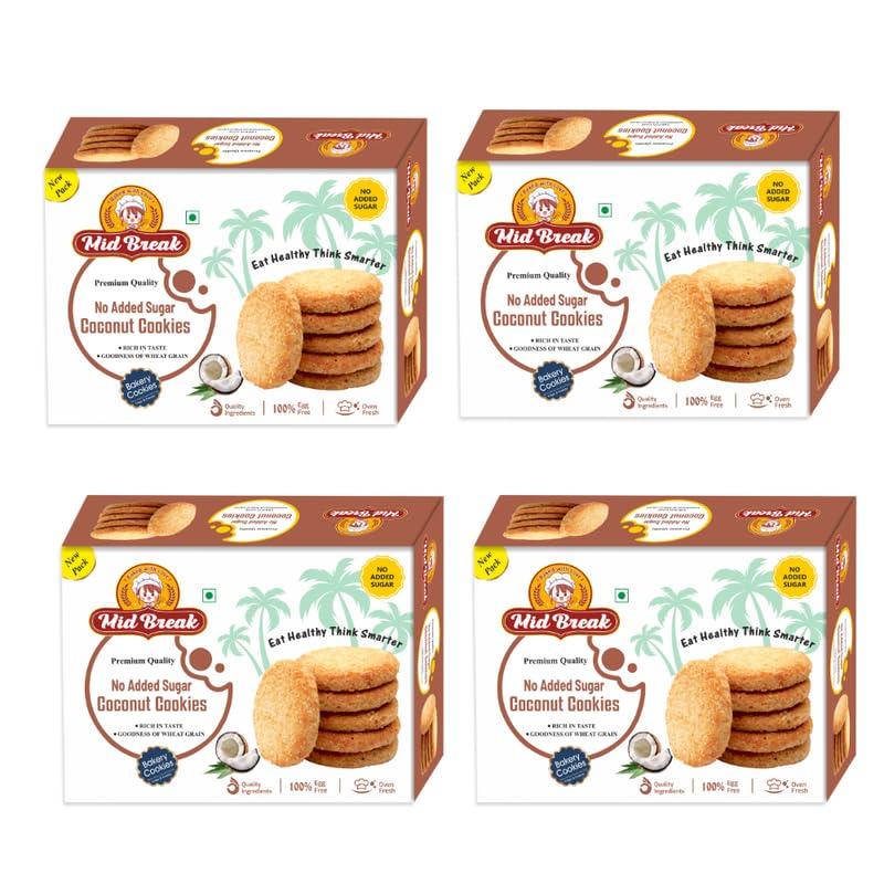 Mid Break No Added Sugar Coconut Biscuits - 300gm (Pack Of 4) | High Fiber, Gut-Friendly, Low Glycemic Index Cookies | Tasty Biscuits For Healthy Tea Time Snacking