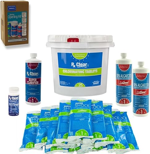 Rx Clear Kit de mantenimiento químico de apertura de piscina Plus para piscinas sobre el suelo o enterradas para piscinas de hasta 15,000 galones