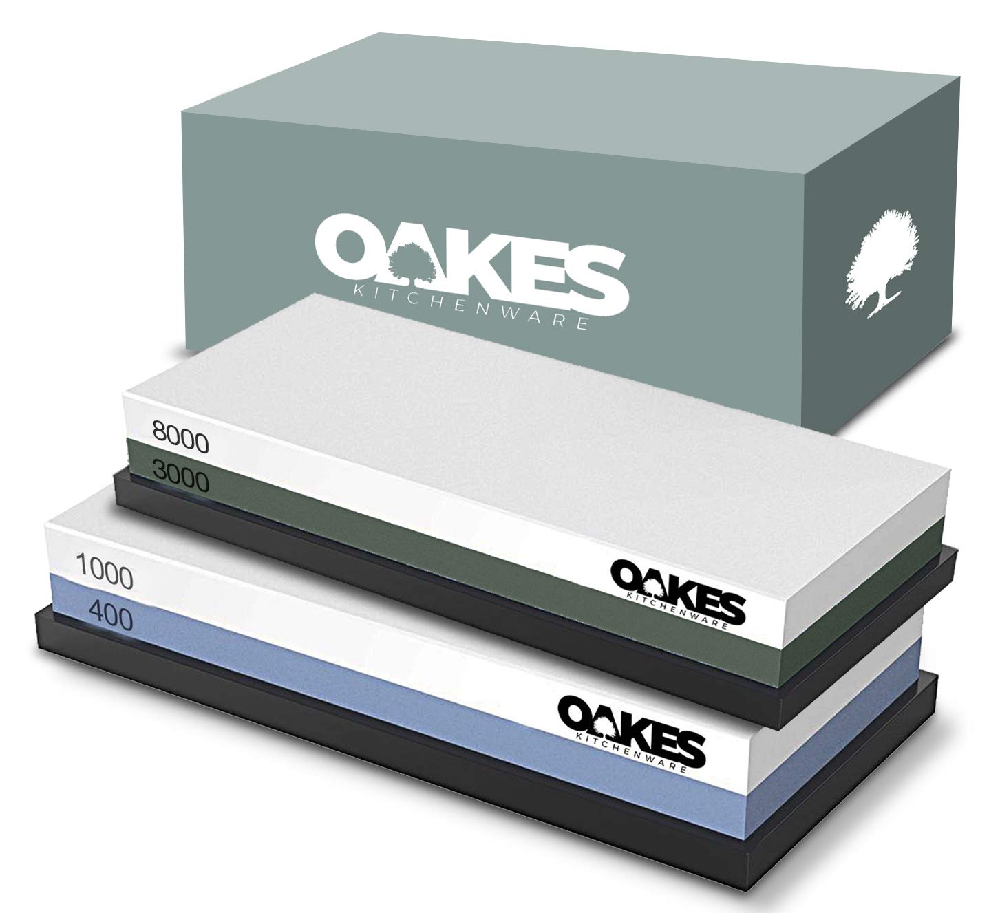 Oakes Premium Whetstone Sharpening Stone Set – Dual-Sided – Coarse/Medium/Med Fine/Fine – 400/1000 and 3000/8000 grit - with Non-Slip Silicone Bases for Kitchen Knives, Tools and More