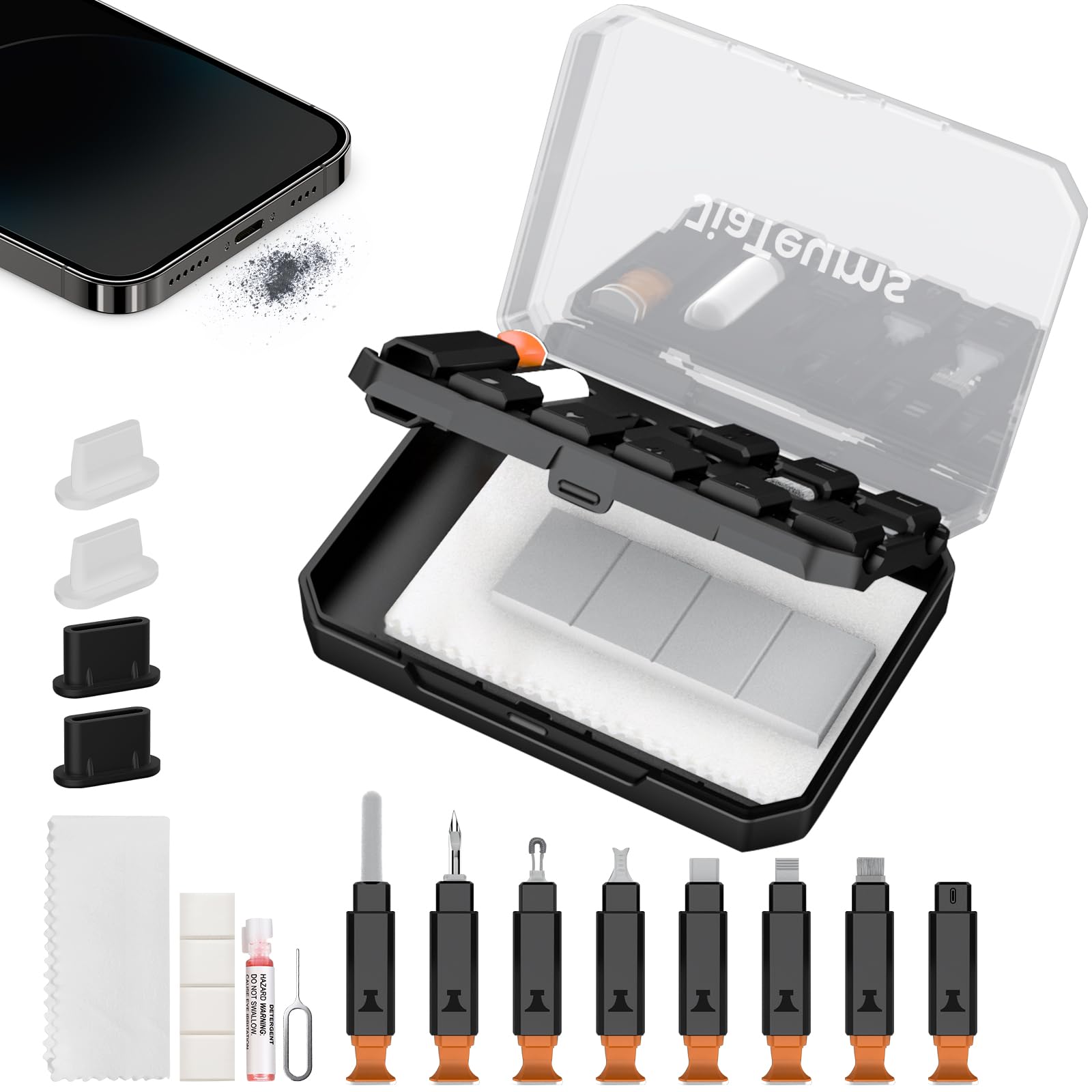 Ladeport Reinigungswerkzeuge für iPhone, JiaTeums Reinigungskits für Airpod, Handy, Reparatursätze für Laptop PC USB C Typ C Ladesteck und Lightning Datenkabel-Schwarz
