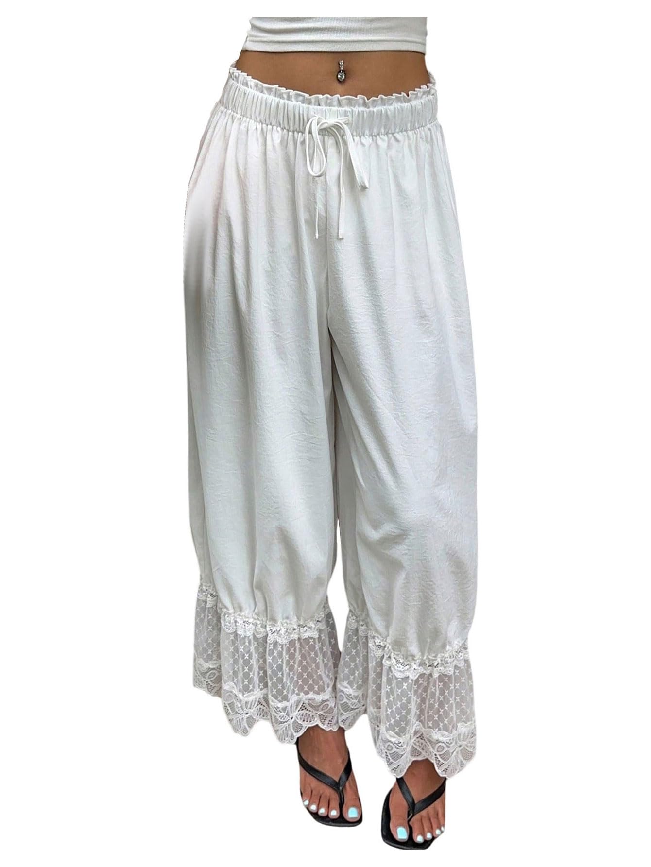 GORGLITTER Womens Lace Double Waisted Pants Elastic Waist Ruffle Hem Boho Wide Leg Bloomers Trousers
