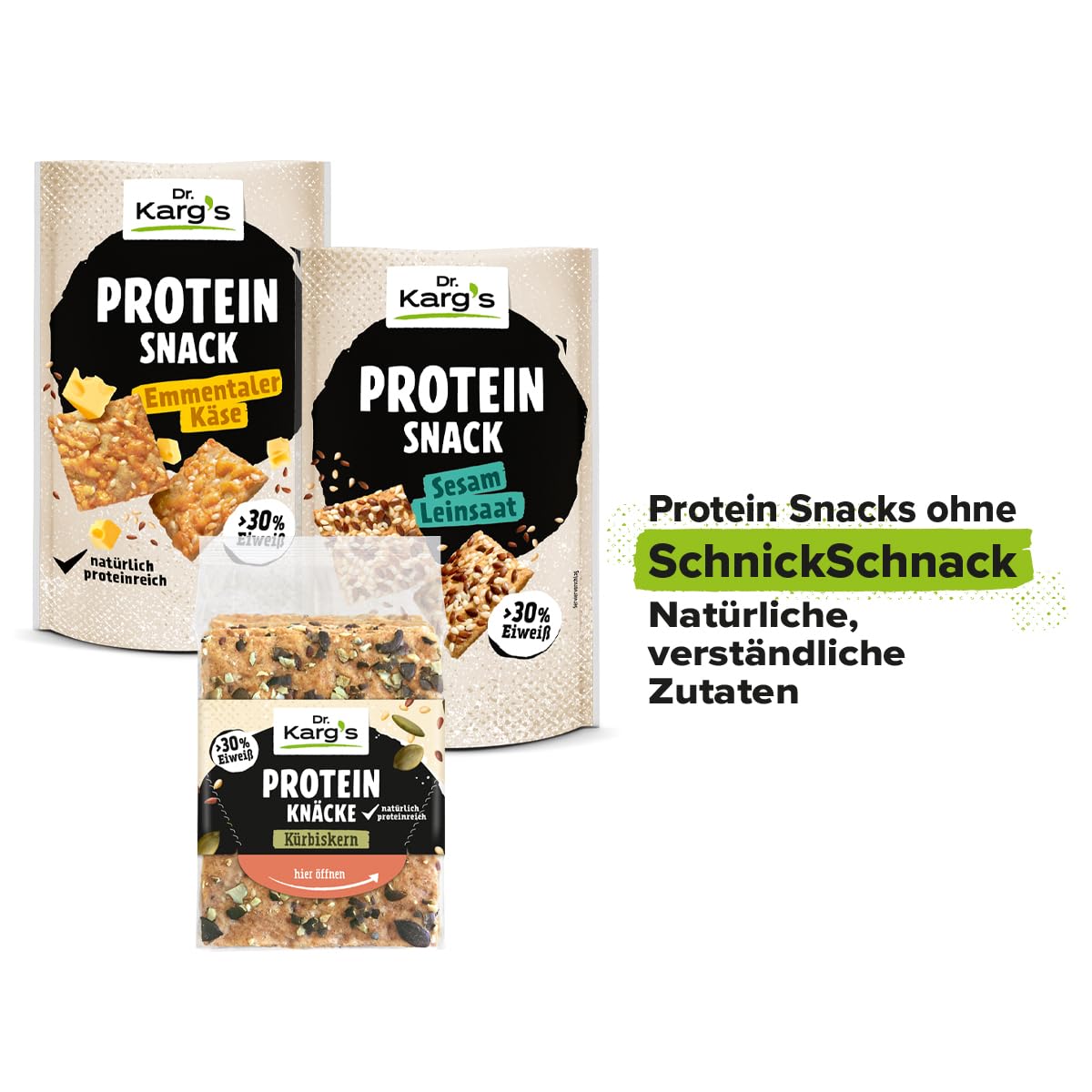 Dr. Karg’s Protein-Snack Sesam Leinsaat - knusprig, vegan, proteinreich, Snack mit mehr als 30% Eiweiß & weniger Kohlenhydraten sowie extra vielen Saaten, Proteinquelle, ohne Zusatzstoffe, 14x85g